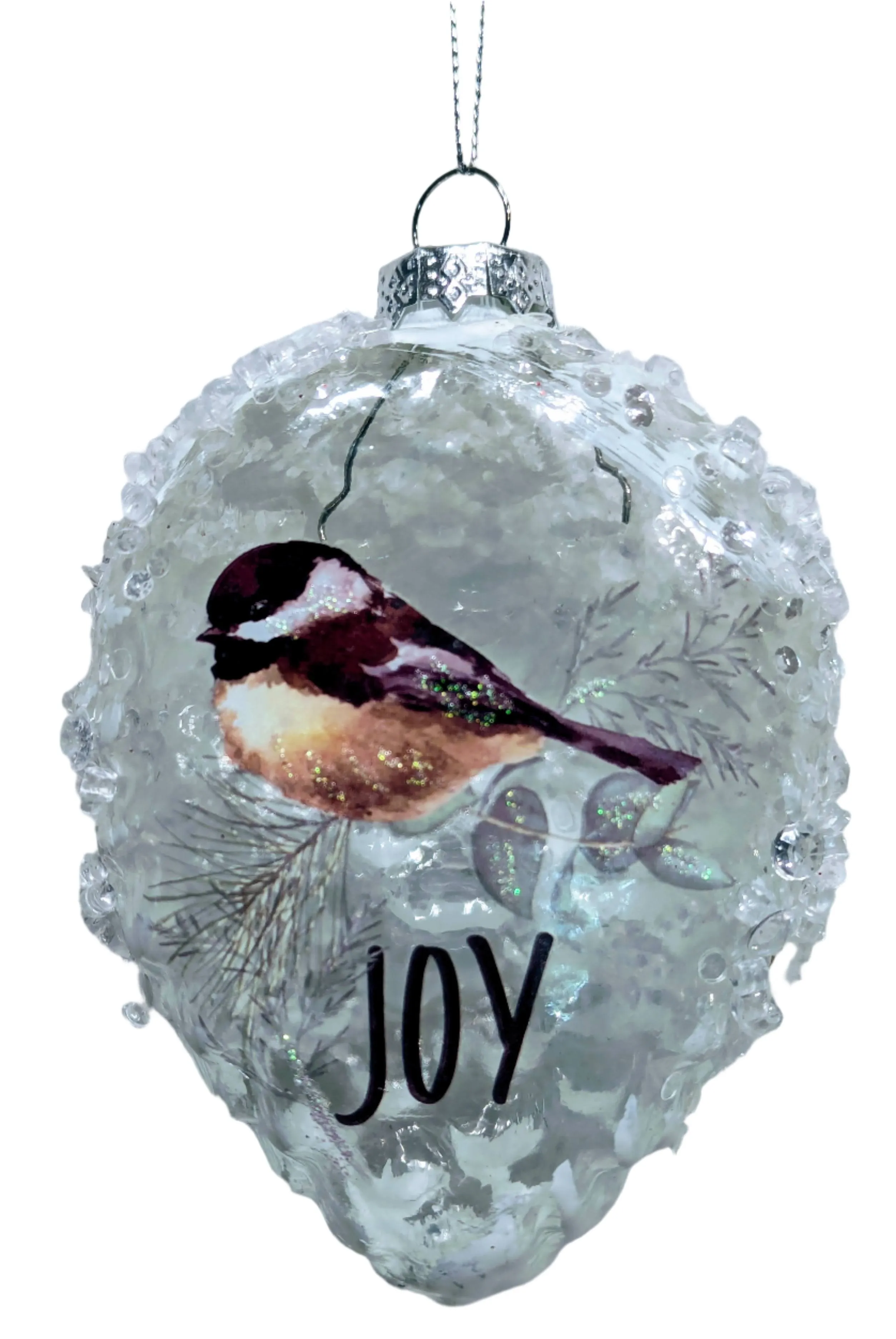 Glass Christmas Hand Painted Pinecone Ornament with Bird -Joy