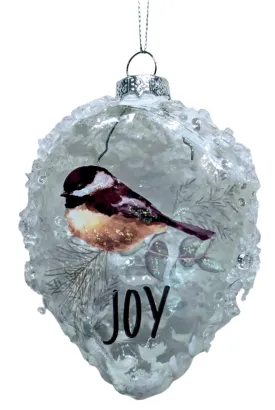 Glass Christmas Hand Painted Pinecone Ornament with Bird -Joy