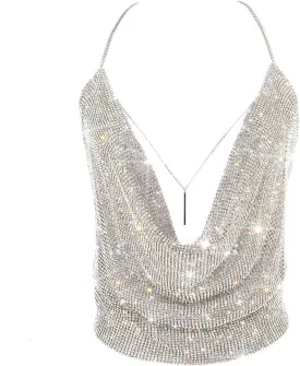Gold Sexy Tops for Women Sparkly Deep V Neck Crop Tank Tops Cami Body Chain Top