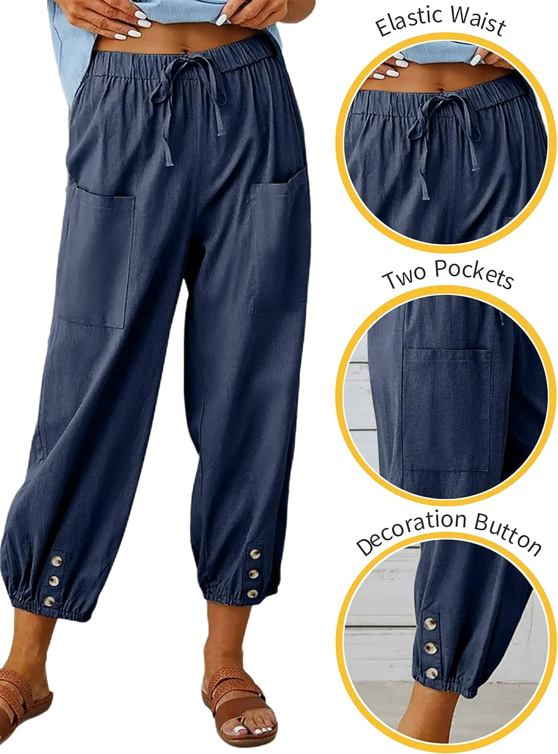 HangNiFang Cotton Linen Capri Pants for Women High Elastic Waisted Drawstring Cropped Pants with Pockets