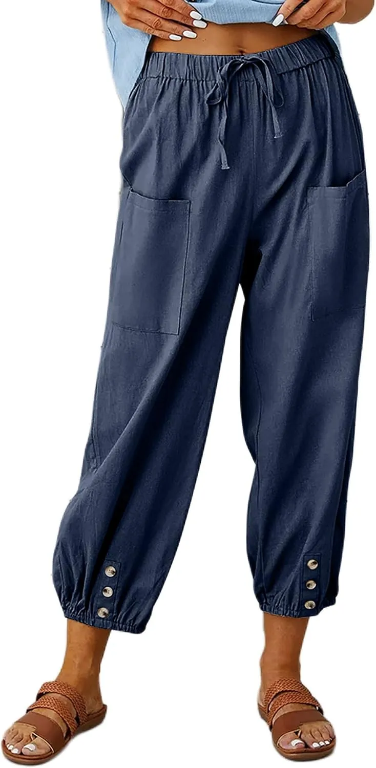 HangNiFang Cotton Linen Capri Pants for Women High Elastic Waisted Drawstring Cropped Pants with Pockets