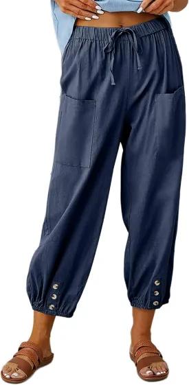 HangNiFang Cotton Linen Capri Pants for Women High Elastic Waisted Drawstring Cropped Pants with Pockets