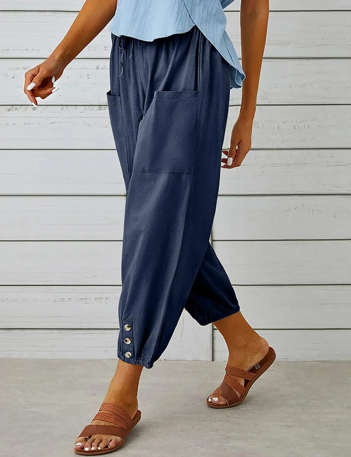 HangNiFang Cotton Linen Capri Pants for Women High Elastic Waisted Drawstring Cropped Pants with Pockets