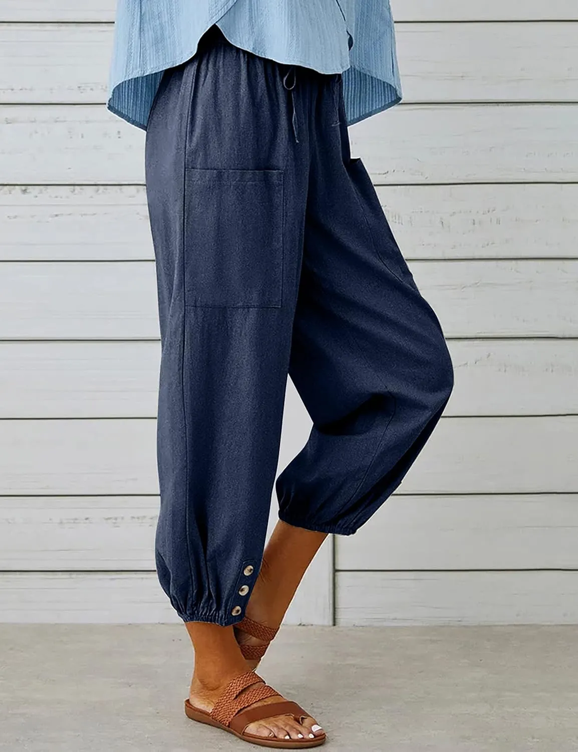 HangNiFang Cotton Linen Capri Pants for Women High Elastic Waisted Drawstring Cropped Pants with Pockets