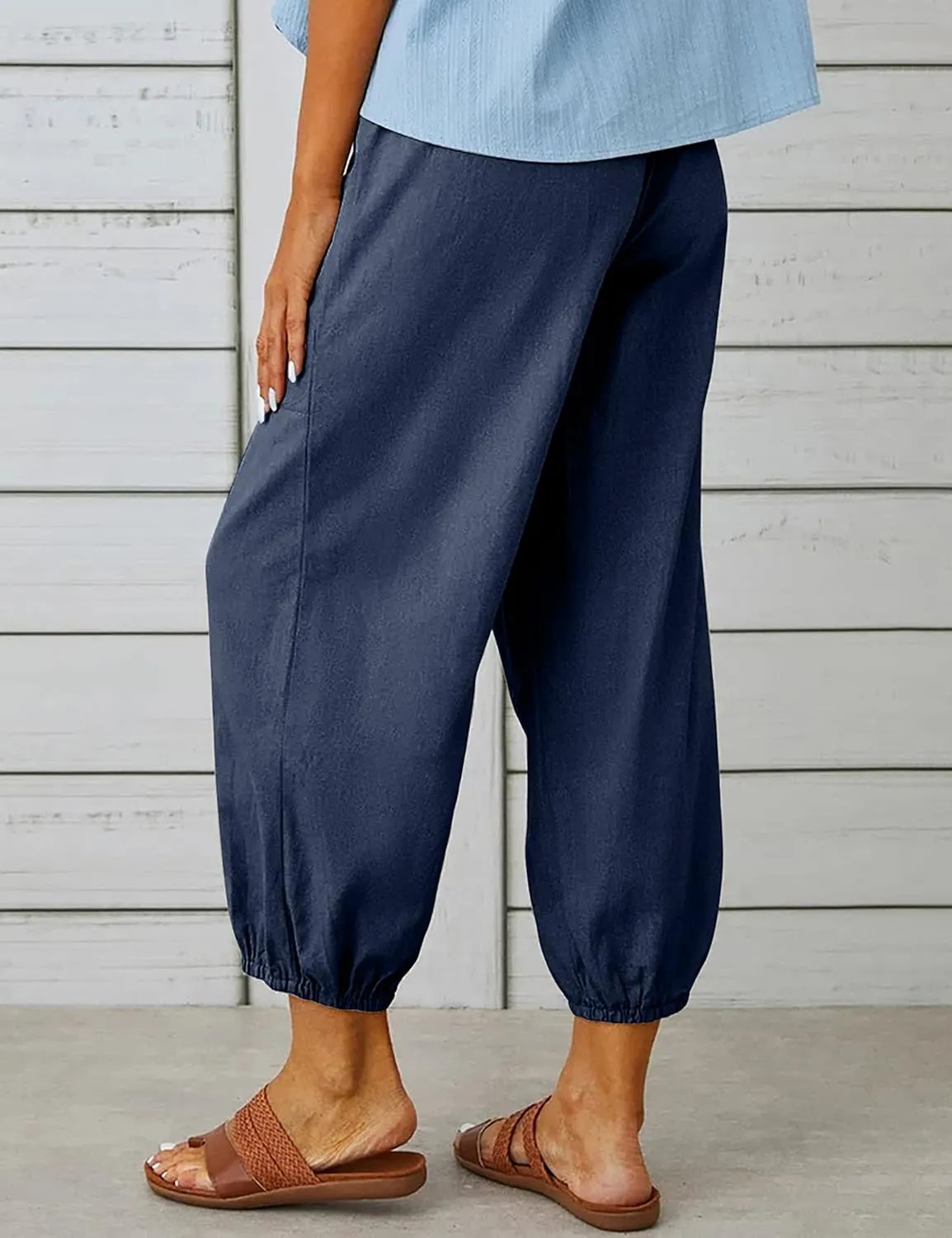 HangNiFang Cotton Linen Capri Pants for Women High Elastic Waisted Drawstring Cropped Pants with Pockets