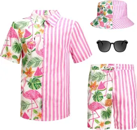 Harloon 4Pcs Mens Hawaiian Shirt and Short Set Beach Outfit Flamingo Print Halloween Tropical Suit with Bucket Hat Sunglasses