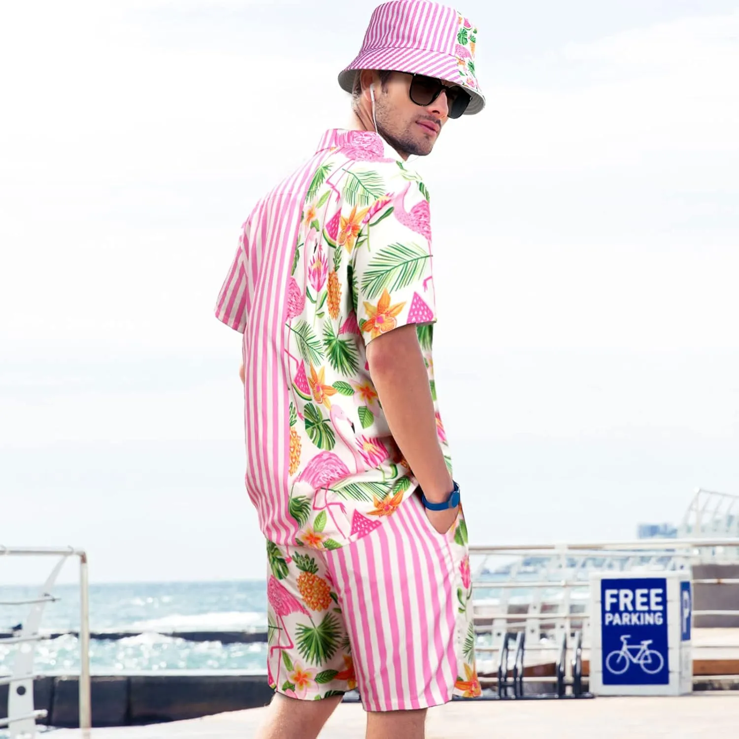 Harloon 4Pcs Mens Hawaiian Shirt and Short Set Beach Outfit Flamingo Print Halloween Tropical Suit with Bucket Hat Sunglasses