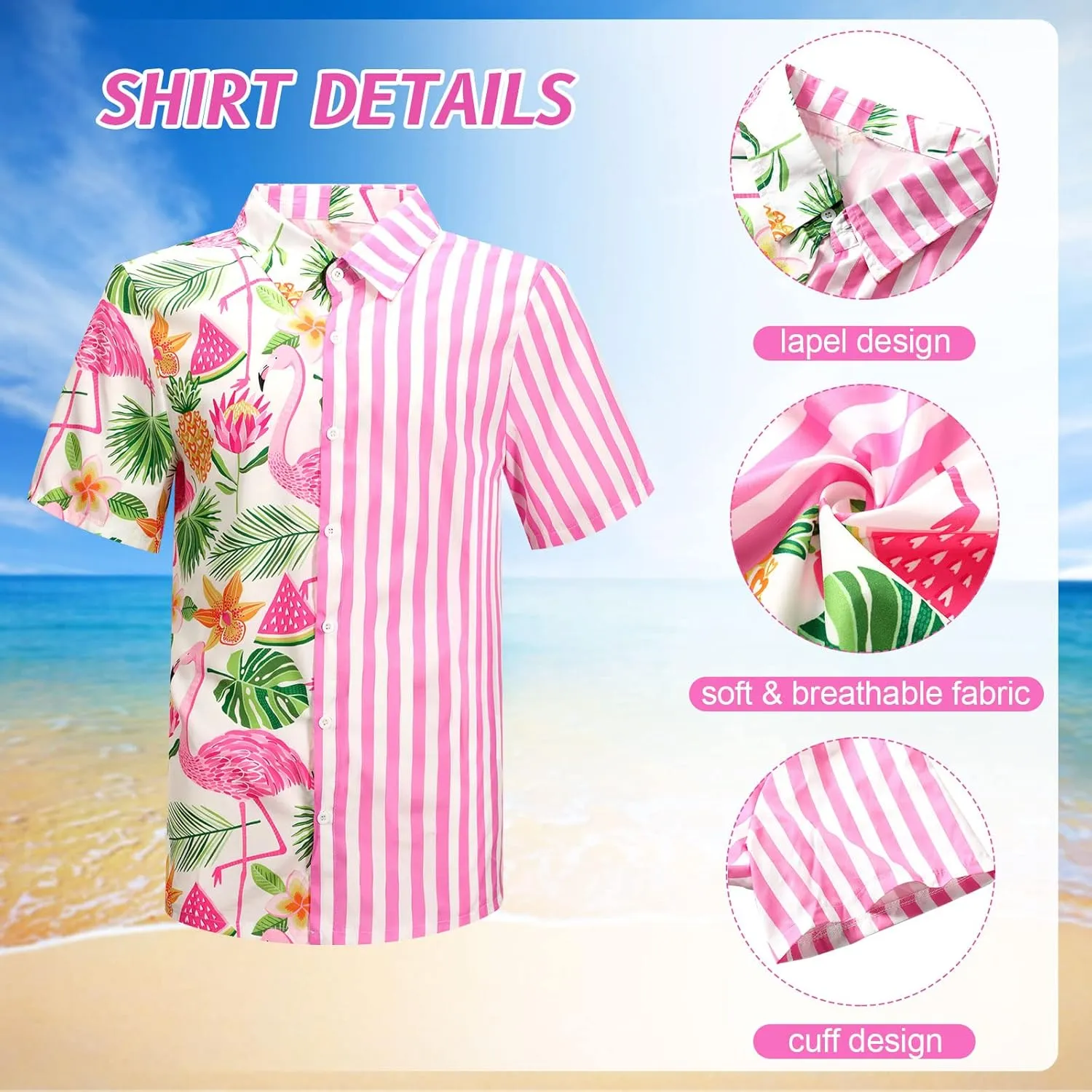 Harloon 4Pcs Mens Hawaiian Shirt and Short Set Beach Outfit Flamingo Print Halloween Tropical Suit with Bucket Hat Sunglasses