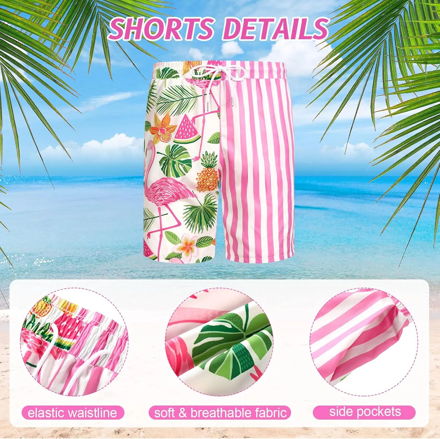 Harloon 4Pcs Mens Hawaiian Shirt and Short Set Beach Outfit Flamingo Print Halloween Tropical Suit with Bucket Hat Sunglasses