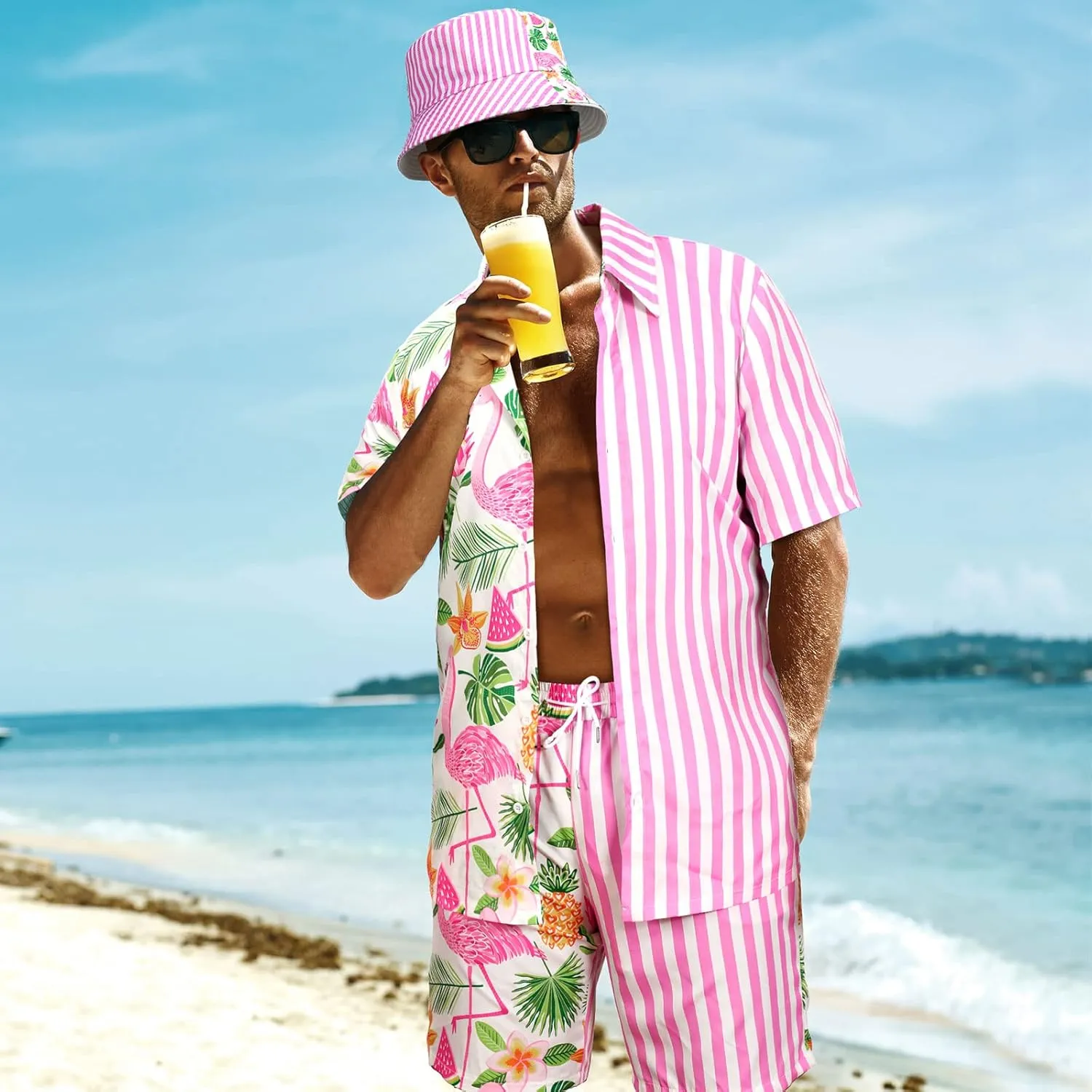Harloon 4Pcs Mens Hawaiian Shirt and Short Set Beach Outfit Flamingo Print Halloween Tropical Suit with Bucket Hat Sunglasses