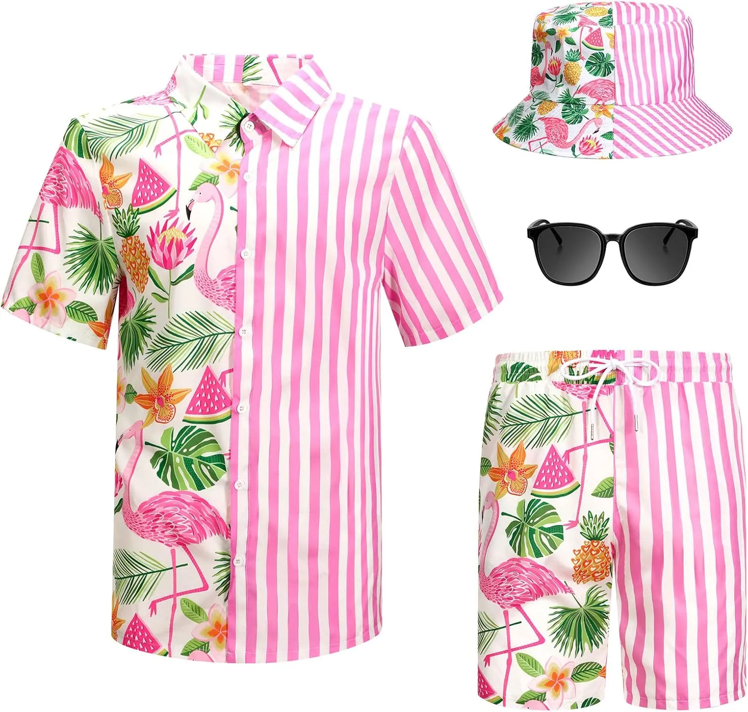 Harloon 4Pcs Mens Hawaiian Shirt and Short Set Beach Outfit Flamingo Print Halloween Tropical Suit with Bucket Hat Sunglasses