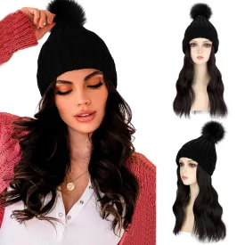 Hat Wig Beanie Hat with Hair Long Wavy Hair Extensions Knit Rib Pom Attached 14" Curly Synthetic Hairpiece for Women Winter Dark Brown