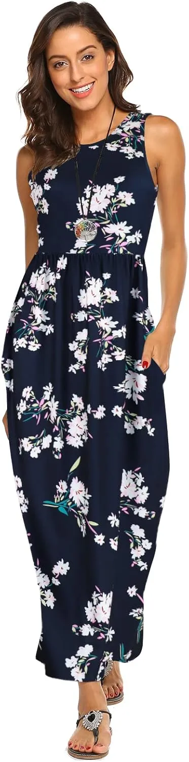 Hount Women's Summer Sleeveless Striped Flowy Casual Long Maxi Dress with Pockets