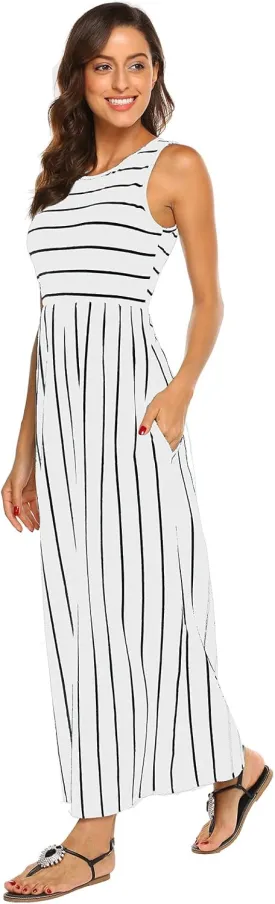 Hount Women's Summer Sleeveless Striped Flowy Casual Long Maxi Dress with Pockets