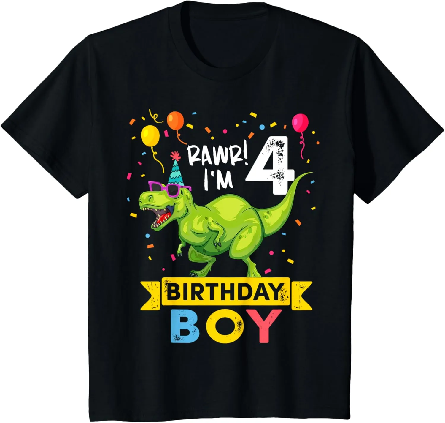 Kids 4 Year Old Boy T Rex Dinosaur 4th Birthday T-Shirt