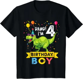 Kids 4 Year Old Boy T Rex Dinosaur 4th Birthday T-Shirt