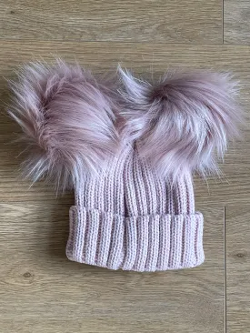 Kinder Faux Fur Double Pompom Ribbed Hat Rose Gold Pink
