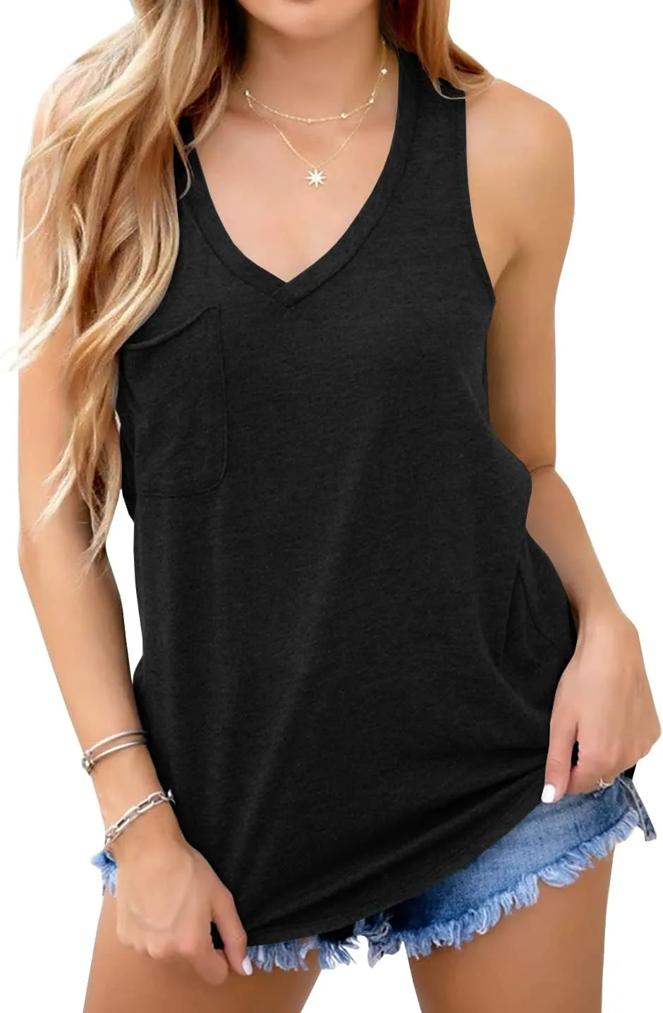Laseily Women's V Neck Sleeveless Tank Tops Workout Yoga Loose Lightweight Flowy Summer Tee Shirts with Pocket