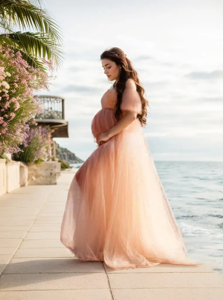 Maternity Photography Props Floral Lace Dress Fancy Pregnancy Gown for Baby Shower Photo Shoot