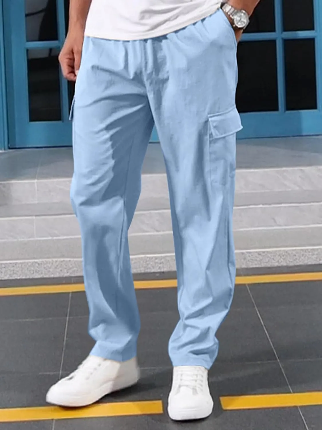 Mens Casual Cargo Pants Summer Vacation Lightweight Drawstring Pants Elastic Waist Beach Yoga Trousers with Pockets