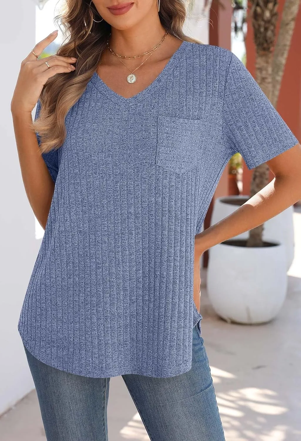 MEROKEETY Women's Short Sleeve V Neck T Shirts 2025 Summer Casual Business Loose Tunic Trendy Tops