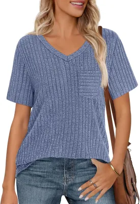 MEROKEETY Women's Short Sleeve V Neck T Shirts 2025 Summer Casual Business Loose Tunic Trendy Tops