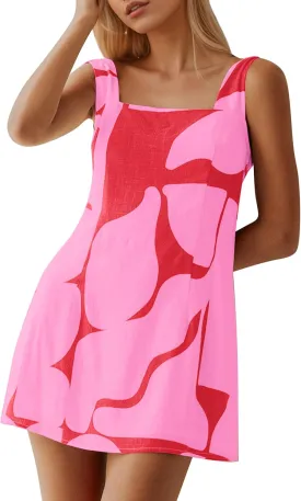 MISSACTIVER Women Sleeveless Mini Dress Print Backless Square Neck Tank Dress Boho Vacation Sundress Shift Dresses