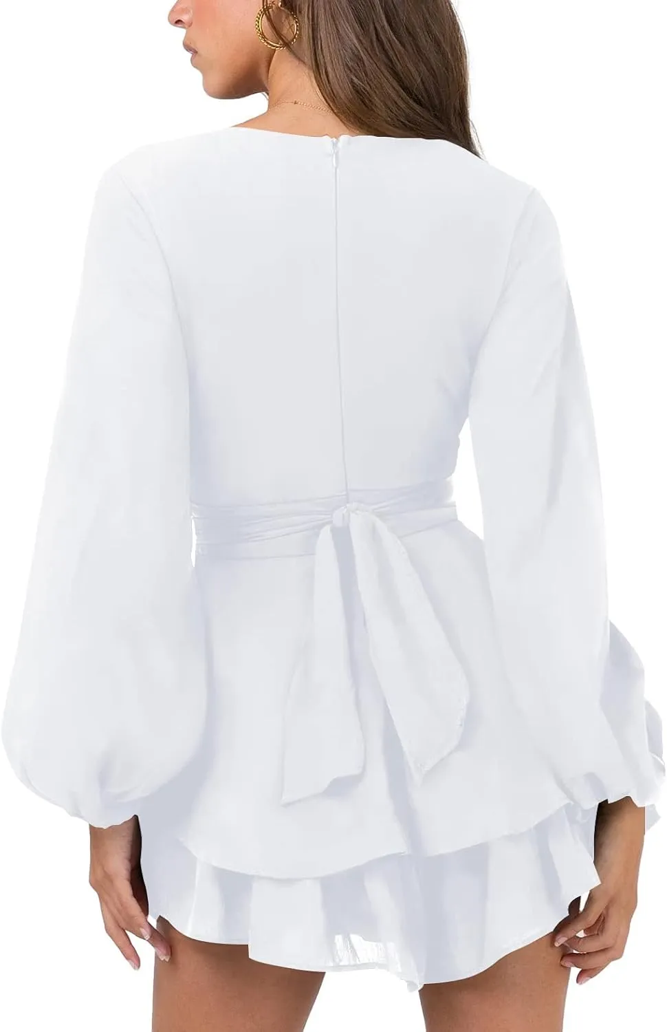 Nova In Sky Womens Sexy Deep V Neck Long Sleeve Tie Waist Ruffle Hem Flowy Swing Mini Short Wrap Dress