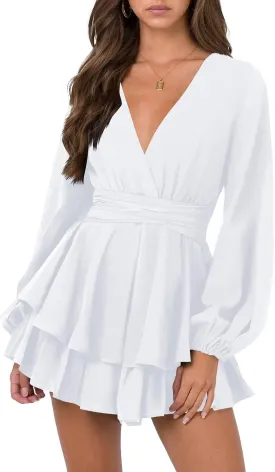 Nova In Sky Womens Sexy Deep V Neck Long Sleeve Tie Waist Ruffle Hem Flowy Swing Mini Short Wrap Dress