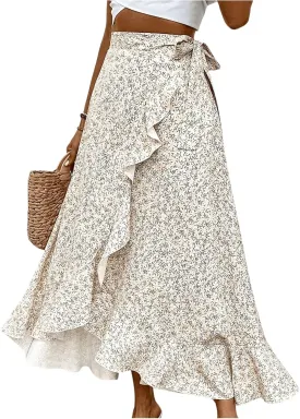 OYOANGLE Women's Floral Print Ruffle Skirts High Waisted Tie Side Wrap Flowy Long Skirt