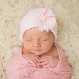 Pink Hat with Pink Frayed Flower Newborn Girl Hospital Hat - Pink Hat Newborn Hat Infant Hat
