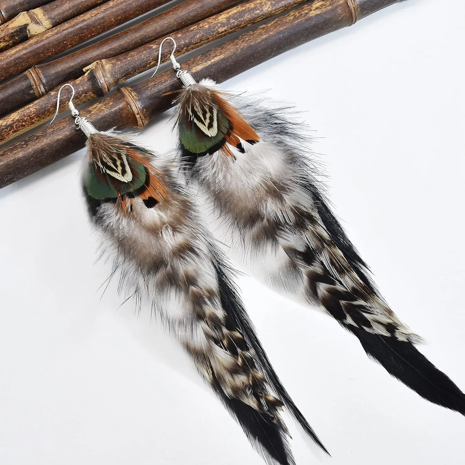 Punk Vintage Long Tassel Feather Beads Drop Wolf Tooth Pendant Earring Fish Hook Earrings