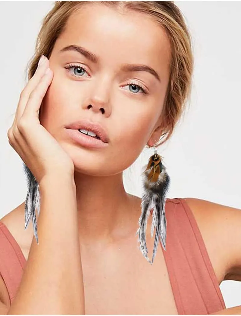 Punk Vintage Long Tassel Feather Beads Drop Wolf Tooth Pendant Earring Fish Hook Earrings
