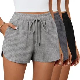 Riyiper 3 Pack Women's Waffle Knit Shorts Cotton Drawstring Lounge Summer Comfy Casual Shorts with Pockets