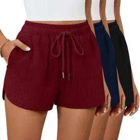Riyiper 3 Pack Women's Waffle Knit Shorts Cotton Drawstring Lounge Summer Comfy Casual Shorts with Pockets