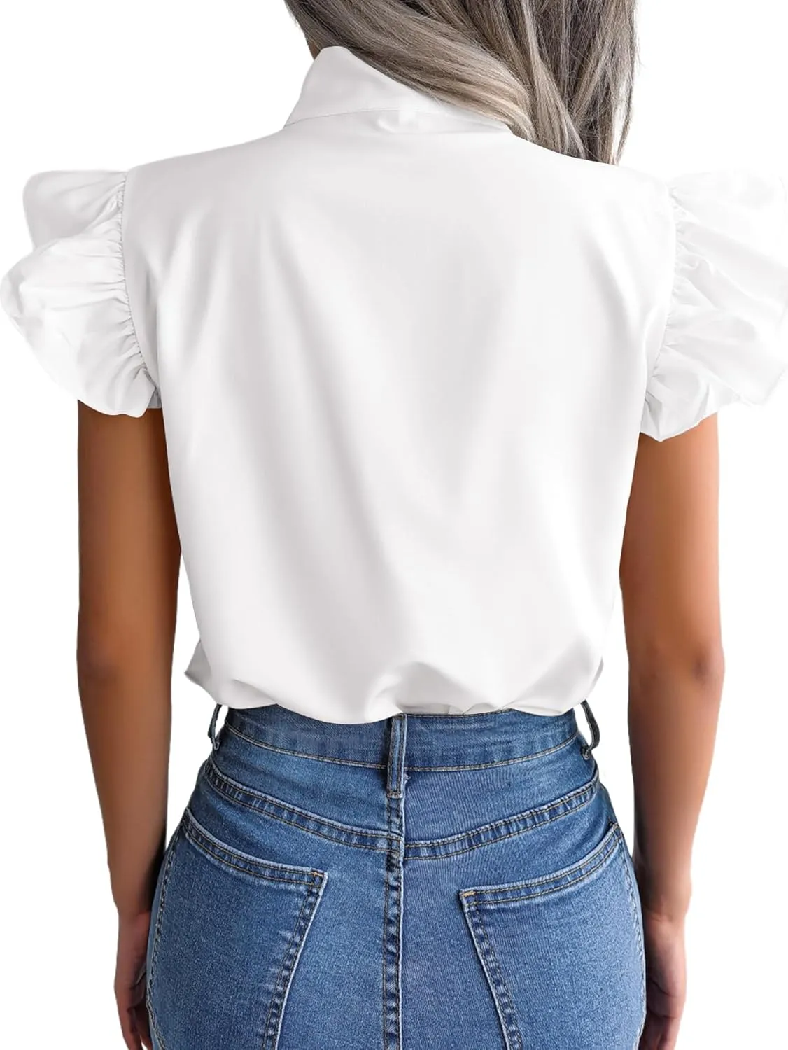 Rooscier Women's Bow Tie Neck Ruffle Cap Sleeve Elegant Office Blouse Shirt Tops
