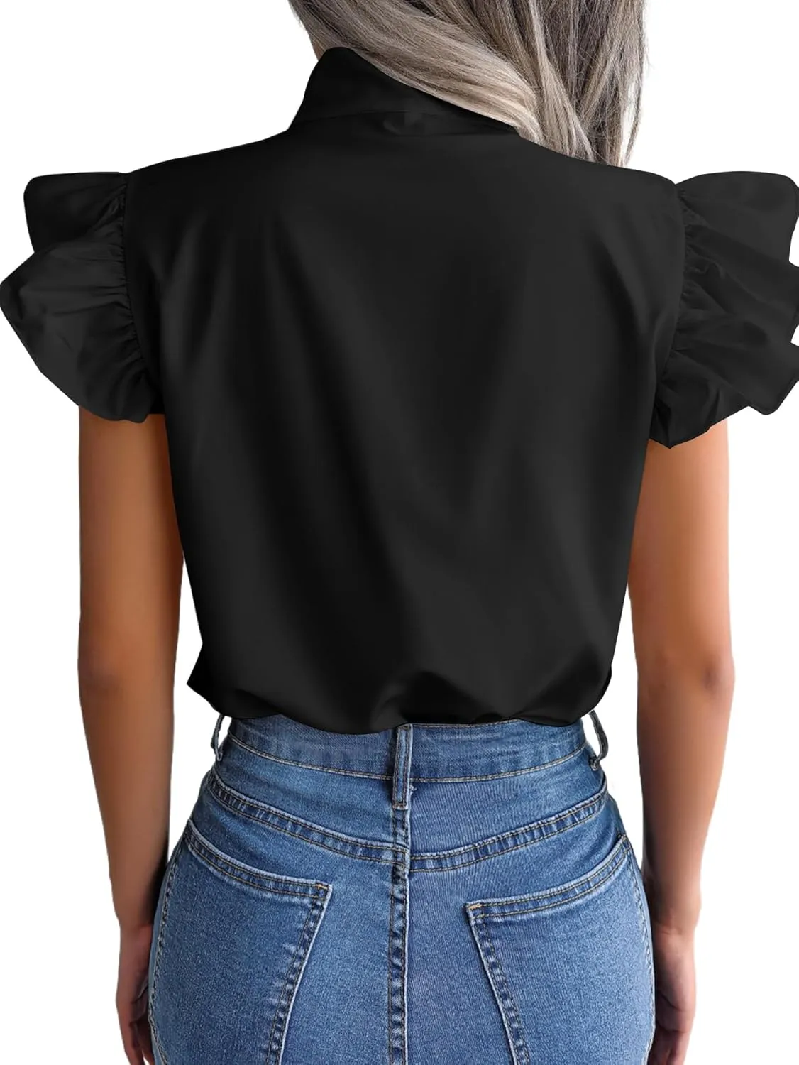 Rooscier Women's Bow Tie Neck Ruffle Cap Sleeve Elegant Office Blouse Shirt Tops