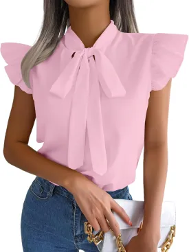 Rooscier Women's Bow Tie Neck Ruffle Cap Sleeve Elegant Office Blouse Shirt Tops