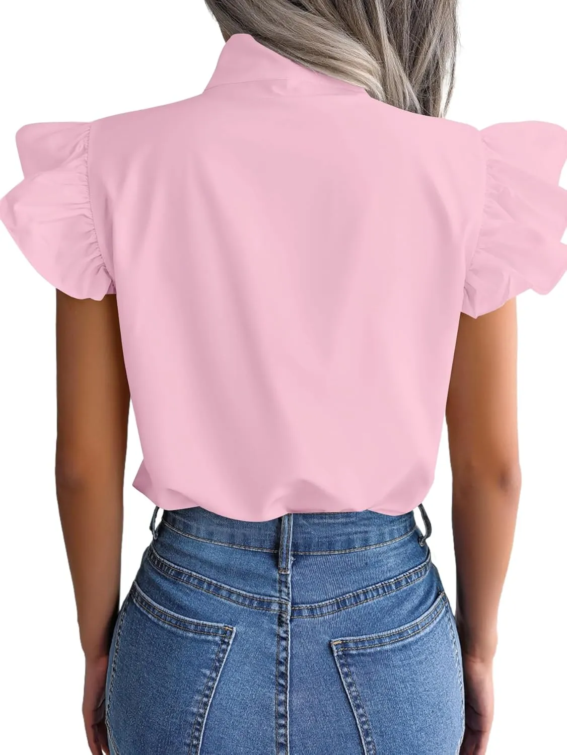 Rooscier Women's Bow Tie Neck Ruffle Cap Sleeve Elegant Office Blouse Shirt Tops