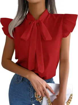 Rooscier Women's Bow Tie Neck Ruffle Cap Sleeve Elegant Office Blouse Shirt Tops