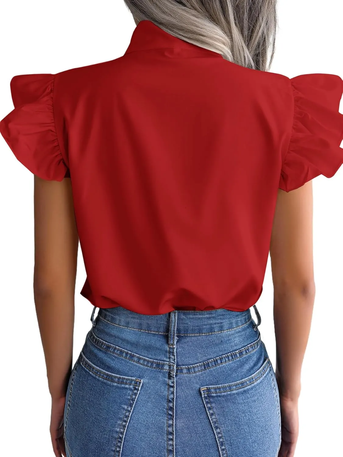 Rooscier Women's Bow Tie Neck Ruffle Cap Sleeve Elegant Office Blouse Shirt Tops