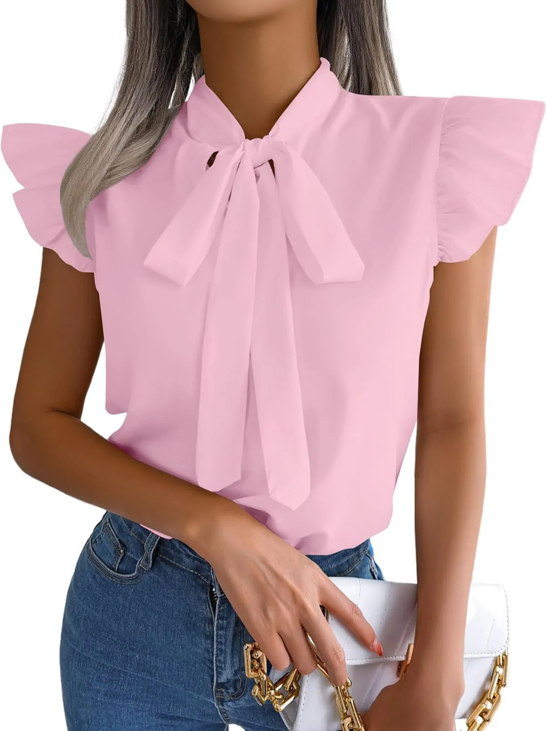 Rooscier Women's Bow Tie Neck Ruffle Cap Sleeve Elegant Office Blouse Shirt Tops