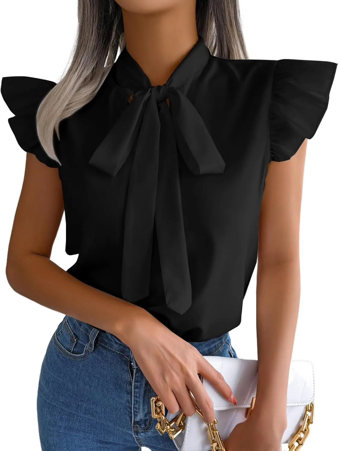 Rooscier Women's Bow Tie Neck Ruffle Cap Sleeve Elegant Office Blouse Shirt Tops