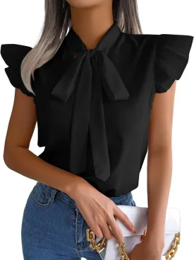 Rooscier Women's Bow Tie Neck Ruffle Cap Sleeve Elegant Office Blouse Shirt Tops