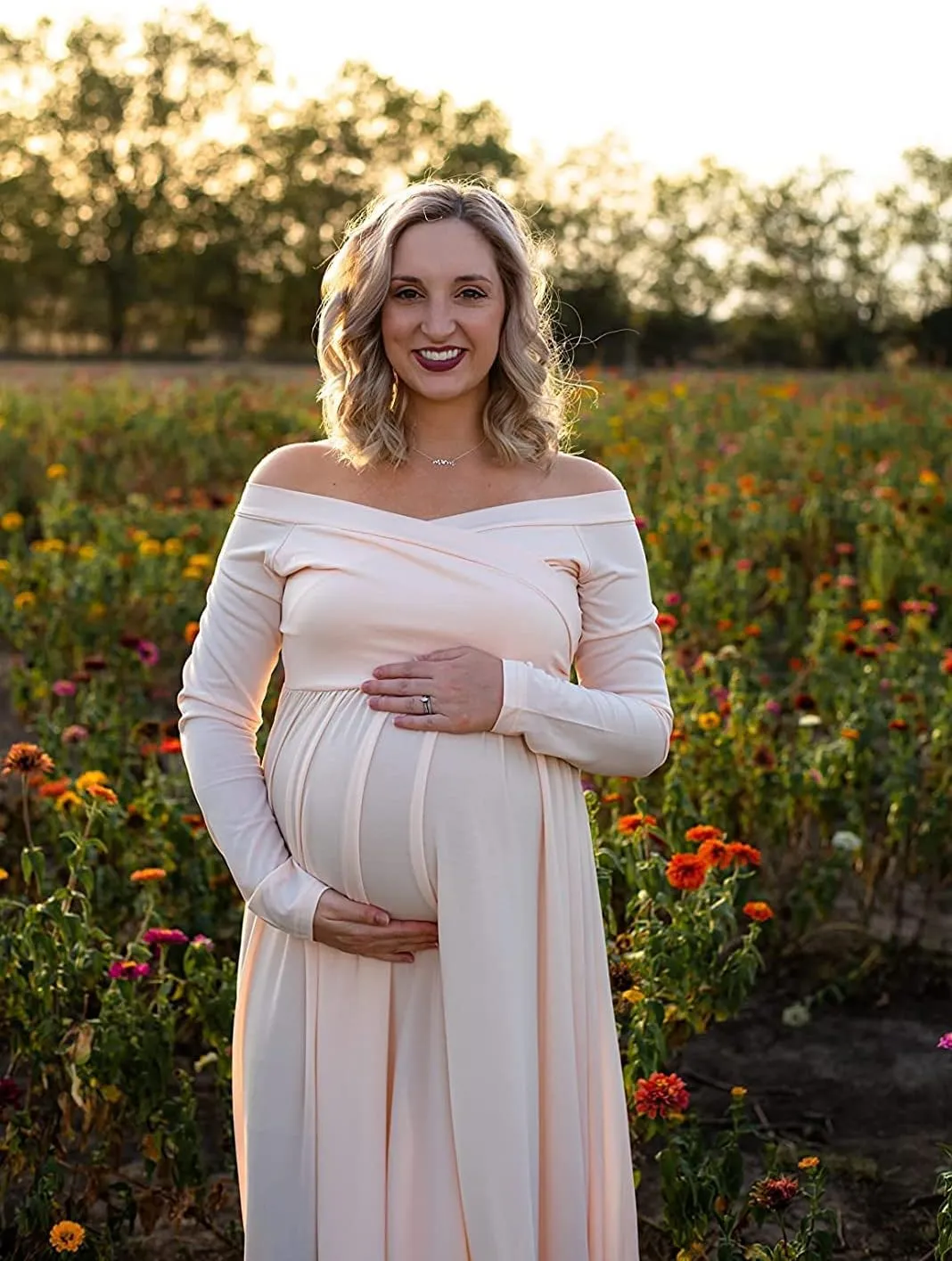 Saslax Maternity Off Shoulders Half Circle Gown for Baby Shower Photo Props Dress