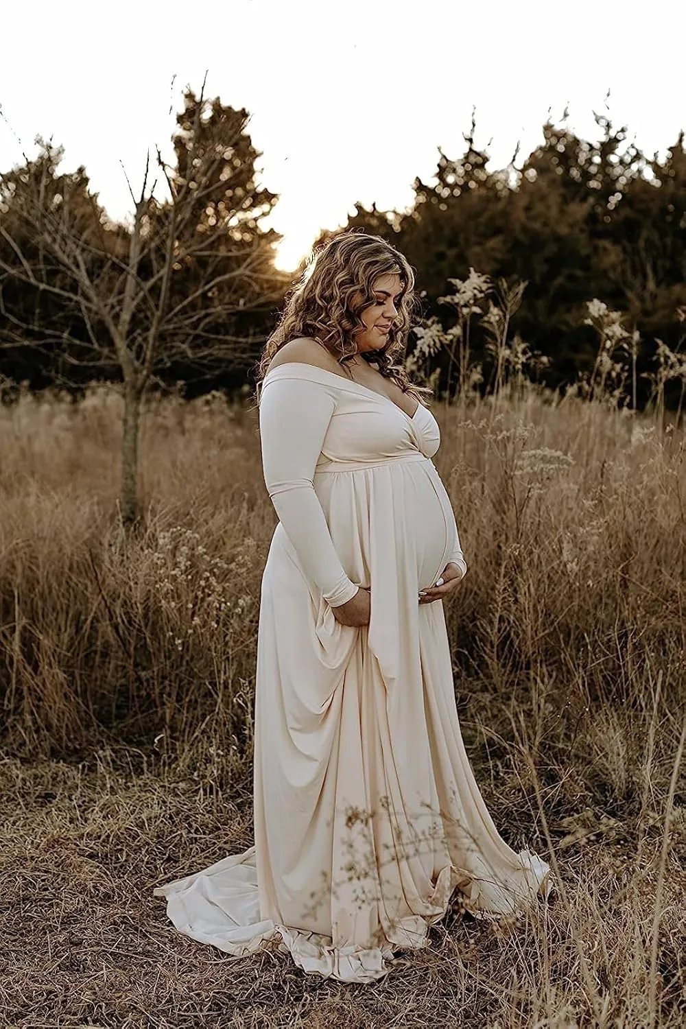 Saslax Maternity Off Shoulders Half Circle Gown for Baby Shower Photo Props Dress