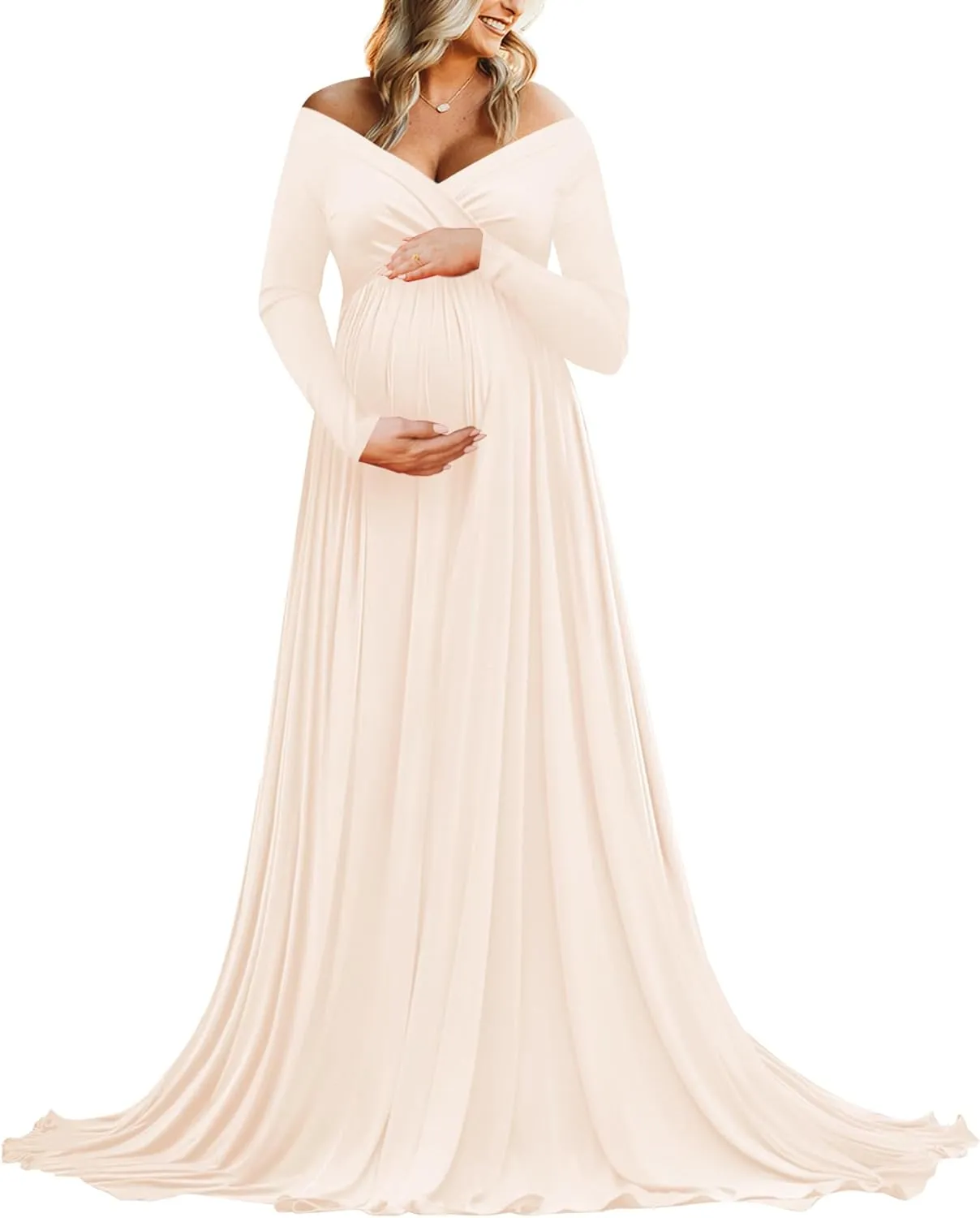Saslax Maternity Off Shoulders Half Circle Gown for Baby Shower Photo Props Dress