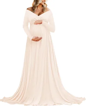 Saslax Maternity Off Shoulders Half Circle Gown for Baby Shower Photo Props Dress