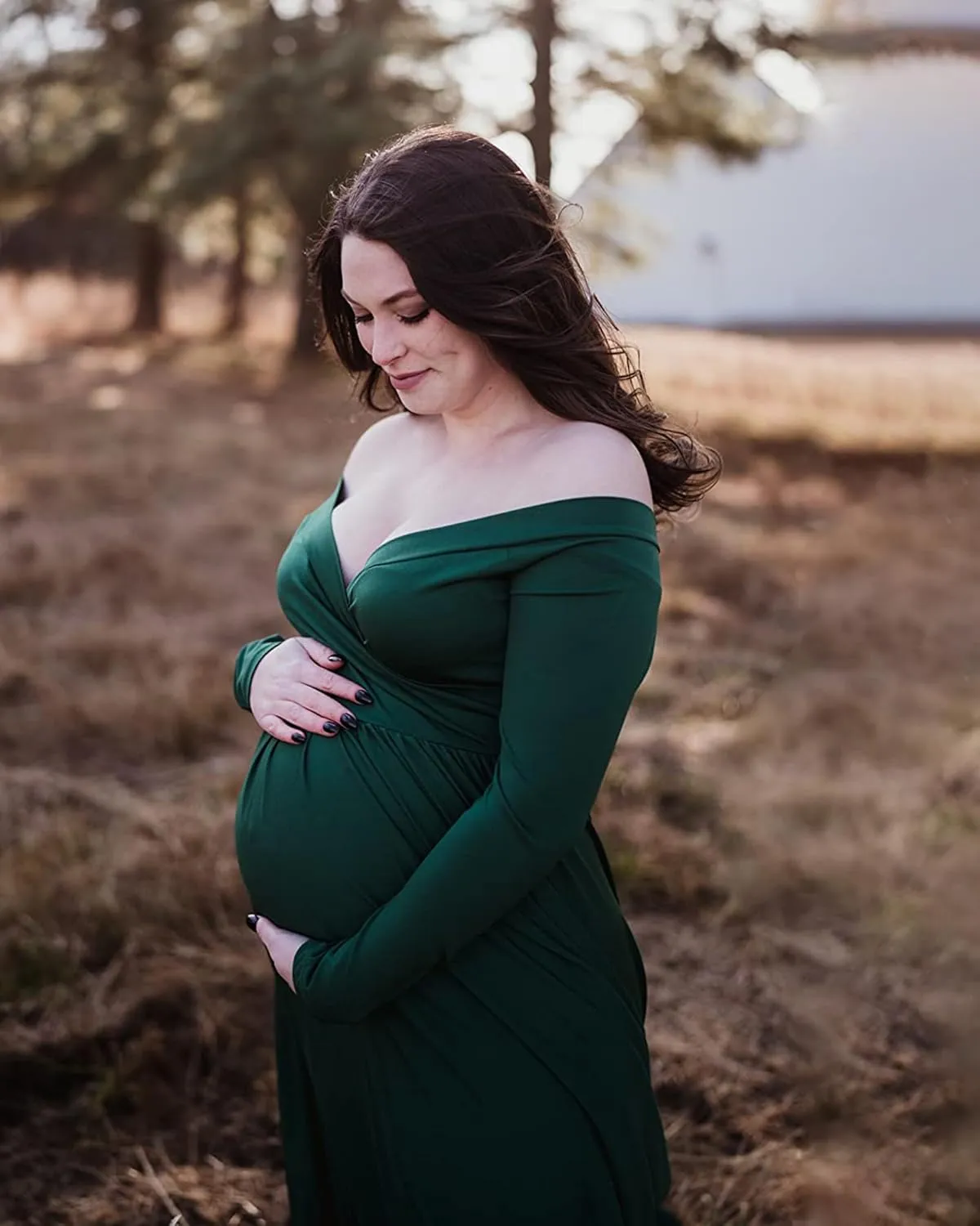 Saslax Maternity Off Shoulders Half Circle Gown for Baby Shower Photo Props Dress