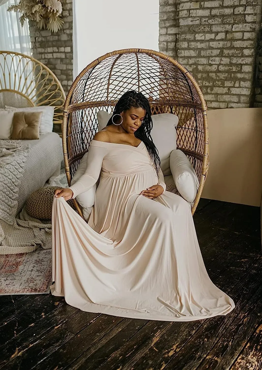 Saslax Maternity Off Shoulders Half Circle Gown for Baby Shower Photo Props Dress